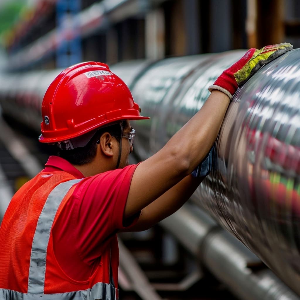 Trabajador inspeccionando una tubería de acero en un entorno industrial, vistiendo casco rojo y chaleco reflejante.