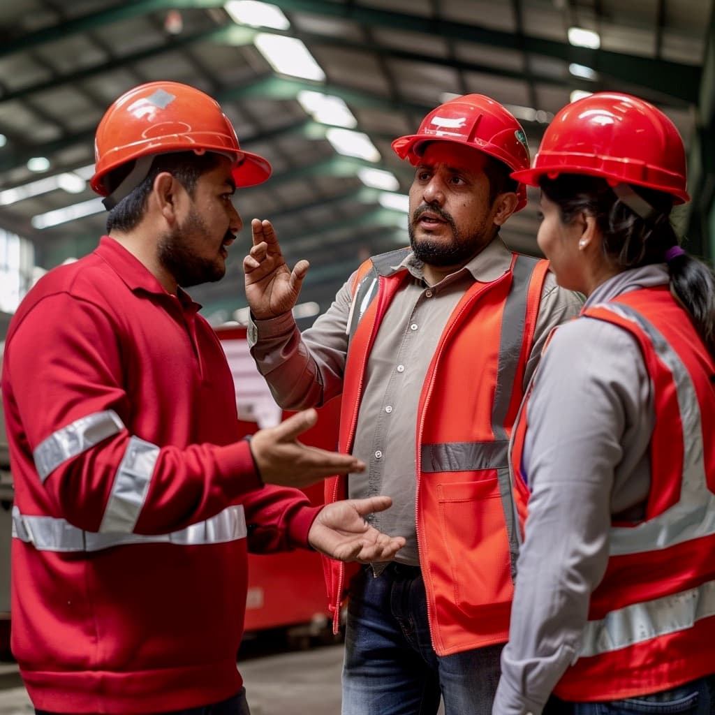 Tres trabajadores conversando intensamente en un entorno industrial, todos llevan cascos rojos y chalecos de seguridad.