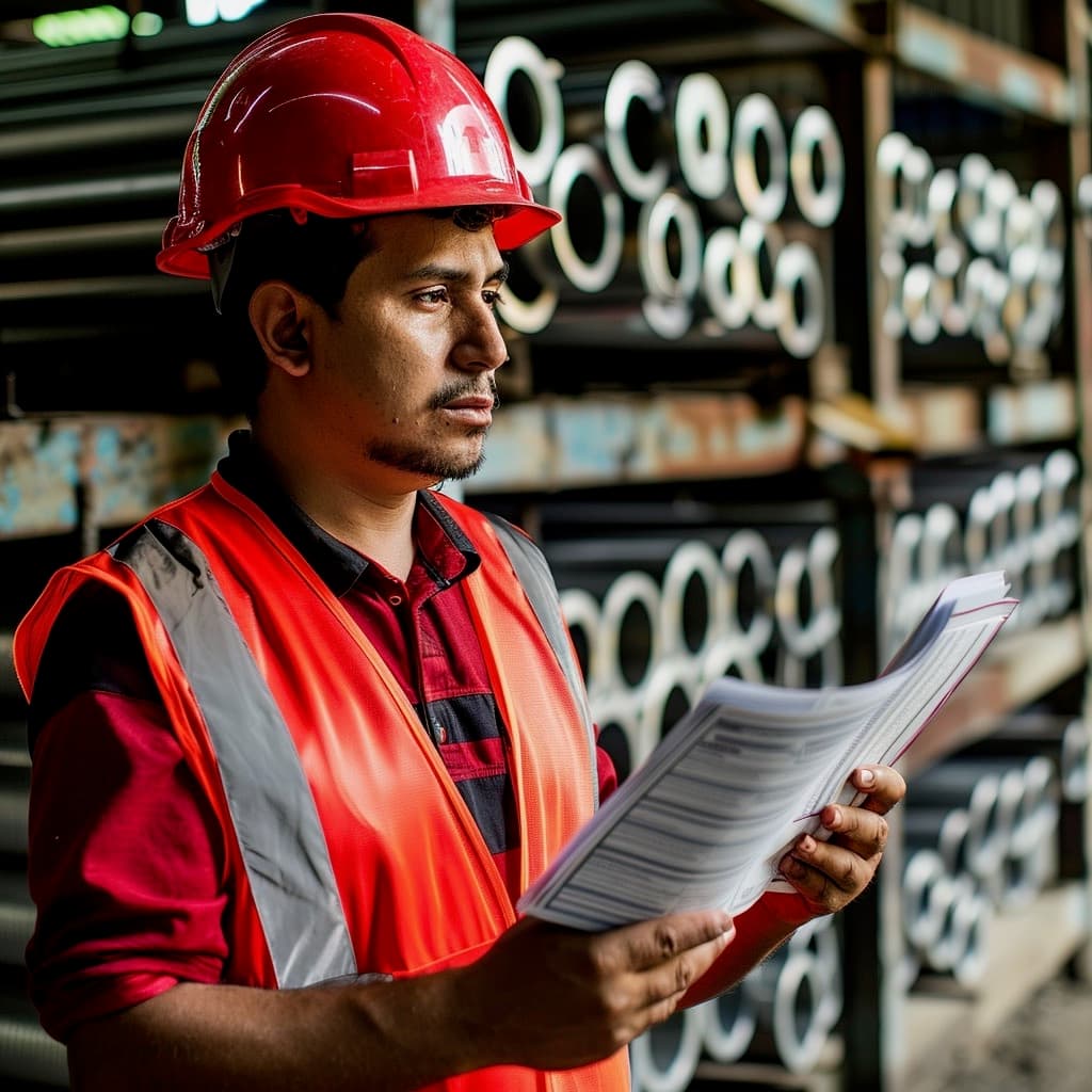 Hombre con casco y chaleco reflejante revisando documentos en un entorno industrial con tuberías de acero al fondo.