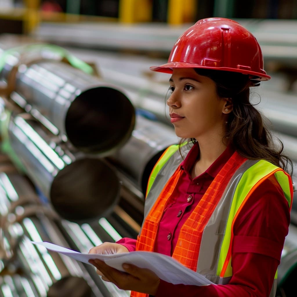 Mujer con casco rojo y chaleco de seguridad sosteniendo documentos en un entorno industrial con tuberías de acero.
