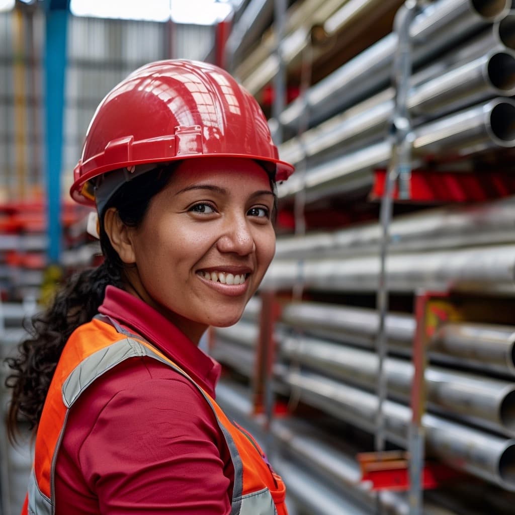Mujer con casco rojo y chaleco reflectante sonriente en un entorno industrial con tuberías de metal.
