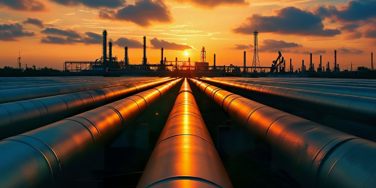 Tuberías metálicas en una planta industrial al atardecer, con un cielo anaranjado y siluetas de estructuras industriales en el fondo.