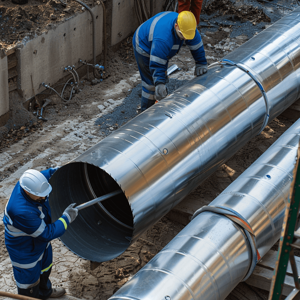 Trabajadores en un sitio de construcción manipulando tuberías de acero inoxidable.